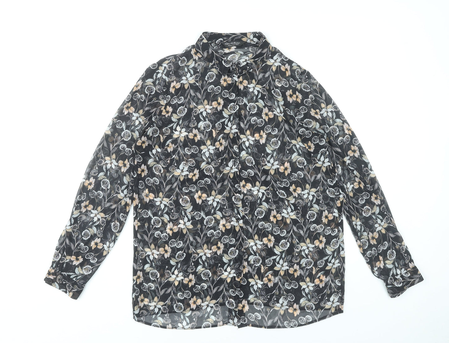 Miss Selfridge Women’s Black Floral Chiffon Blouse UK 10 Long Sleeve