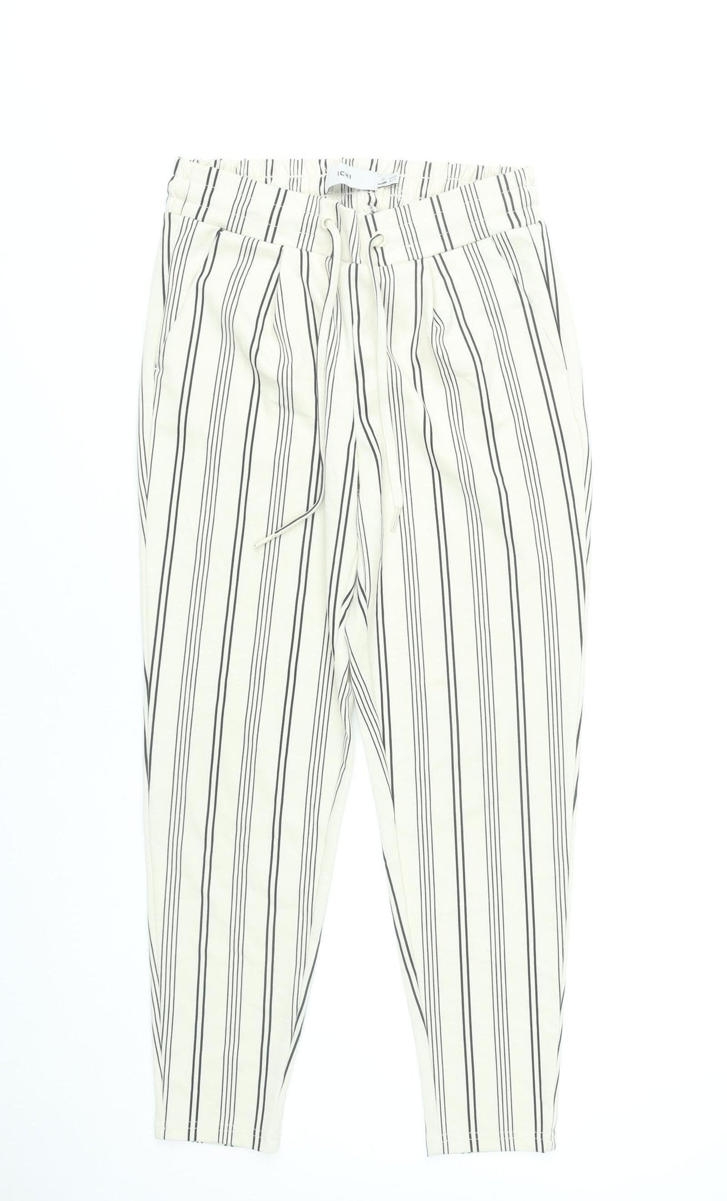 ICHI Women’s White Striped Chino Trousers XS Elastic Waist