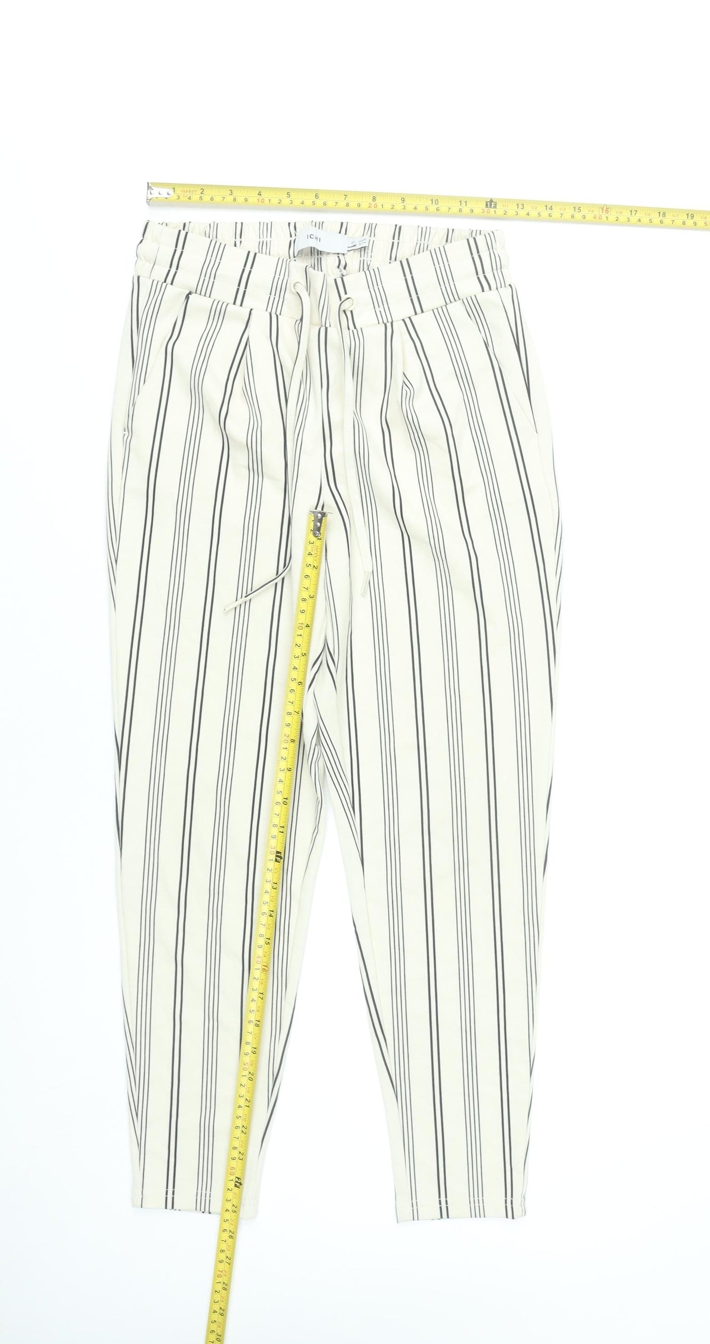 ICHI Women’s White Striped Chino Trousers XS Elastic Waist