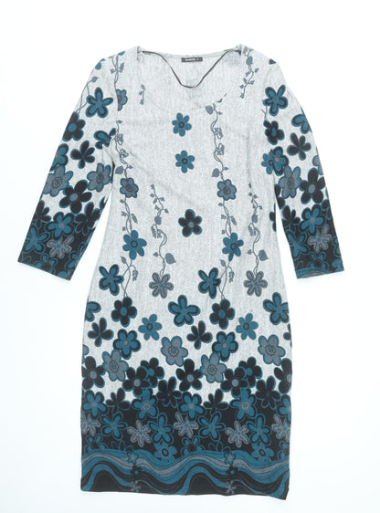 Roman Women’s Grey Blue Floral Shift Dress Size 10 Scoop Neck