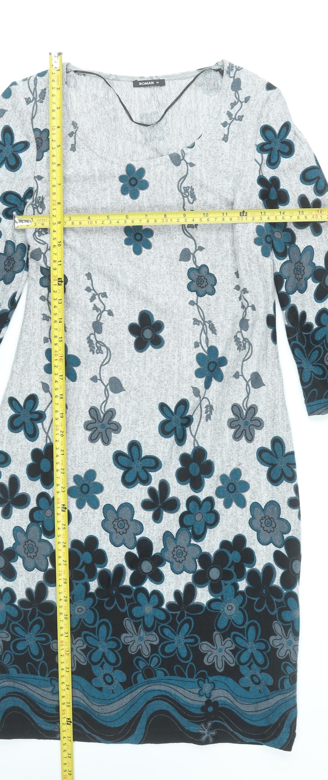 Roman Women’s Grey Blue Floral Shift Dress Size 10 Scoop Neck