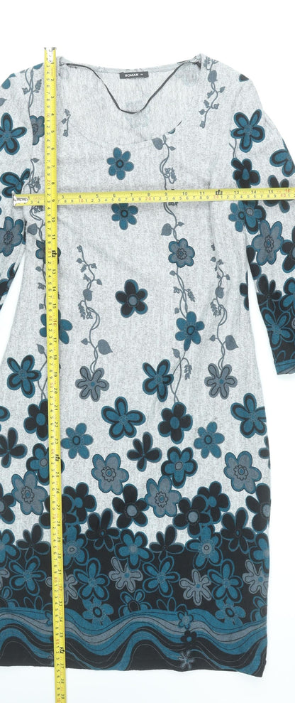 Roman Women’s Grey Blue Floral Shift Dress Size 10 Scoop Neck
