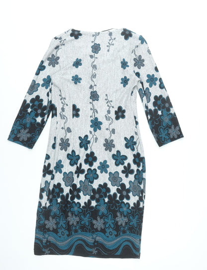 Roman Women’s Grey Blue Floral Shift Dress Size 10 Scoop Neck