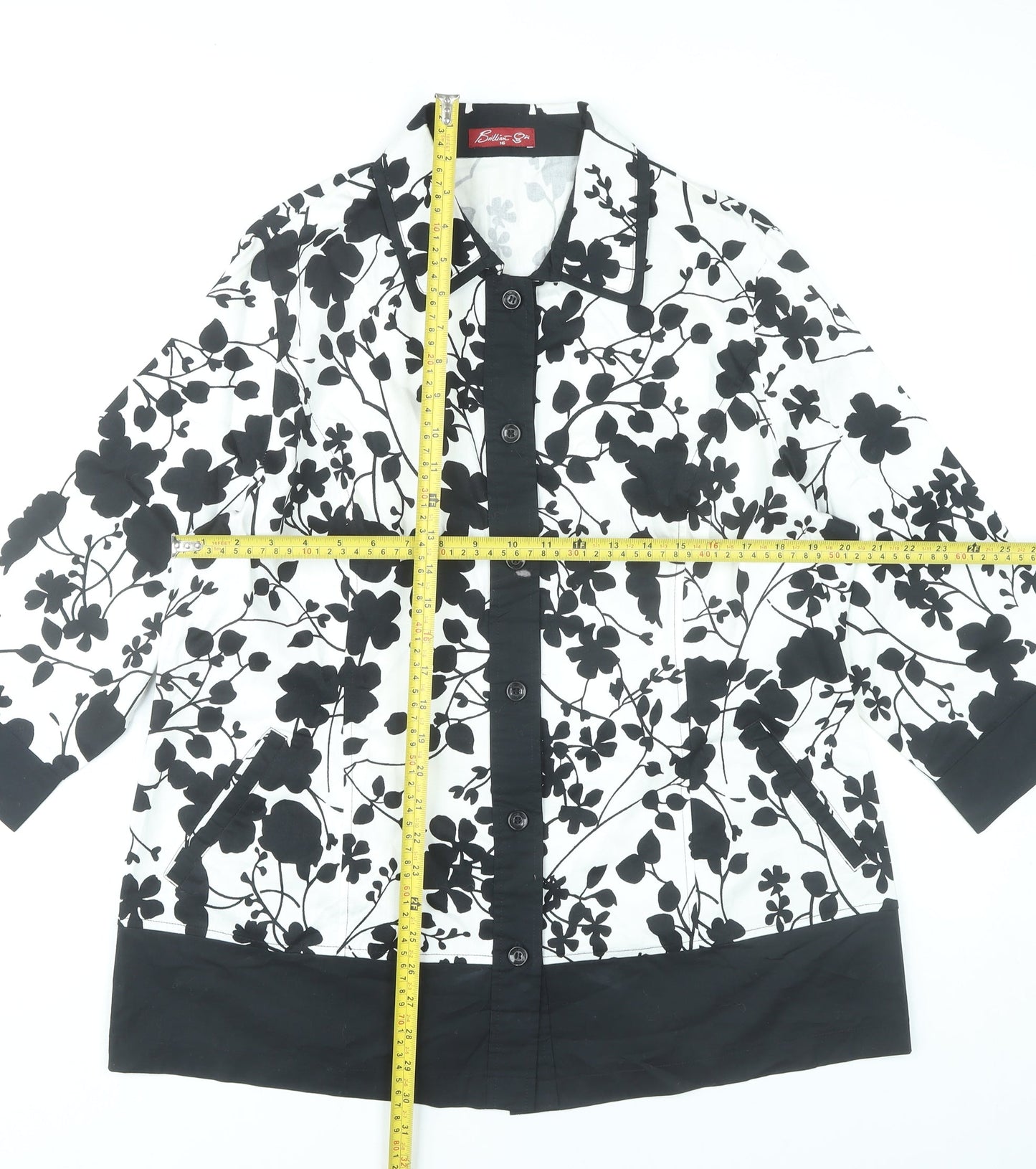 BrillianQin Womens Black White Floral Button-Up Shirt Tunic Size 16