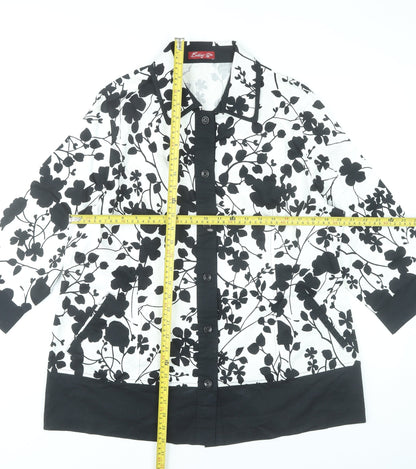 BrillianQin Womens Black White Floral Button-Up Shirt Tunic Size 16
