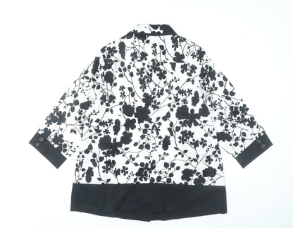 BrillianQin Womens Black White Floral Button-Up Shirt Tunic Size 16