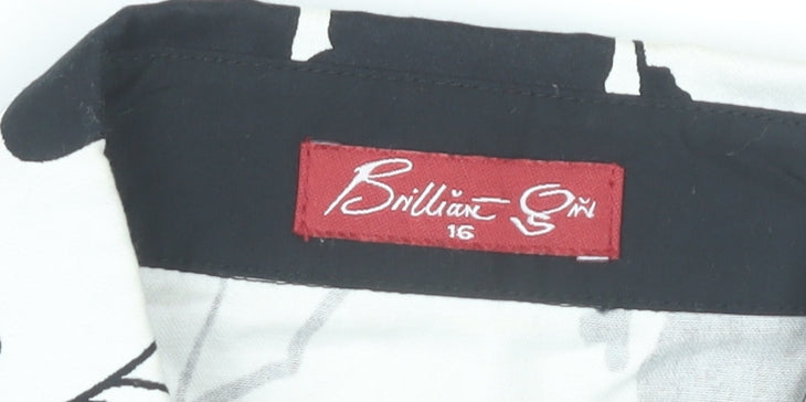 BrillianQin Womens Black White Floral Button-Up Shirt Tunic Size 16