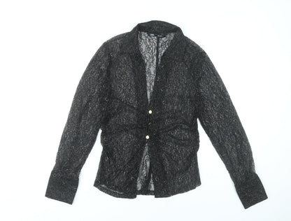 Zara Women Black Lace Glitter Long Sleeve Collared Blouse Size 12
