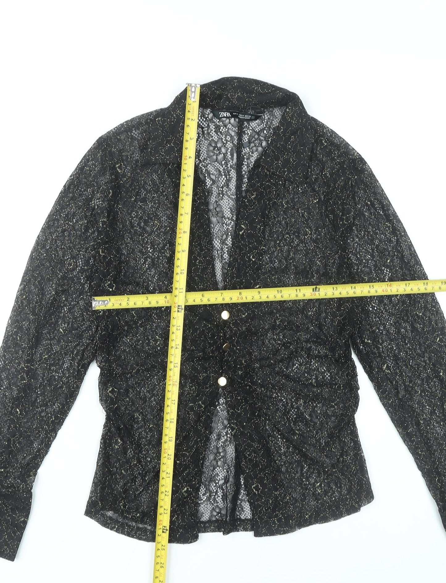 Zara Women Black Lace Glitter Long Sleeve Collared Blouse Size 12