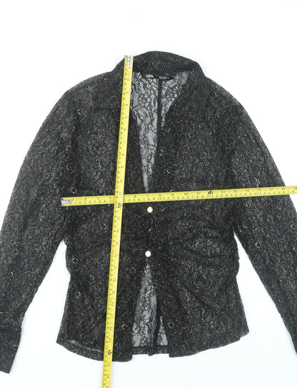 Zara Women Black Lace Glitter Long Sleeve Collared Blouse Size 12