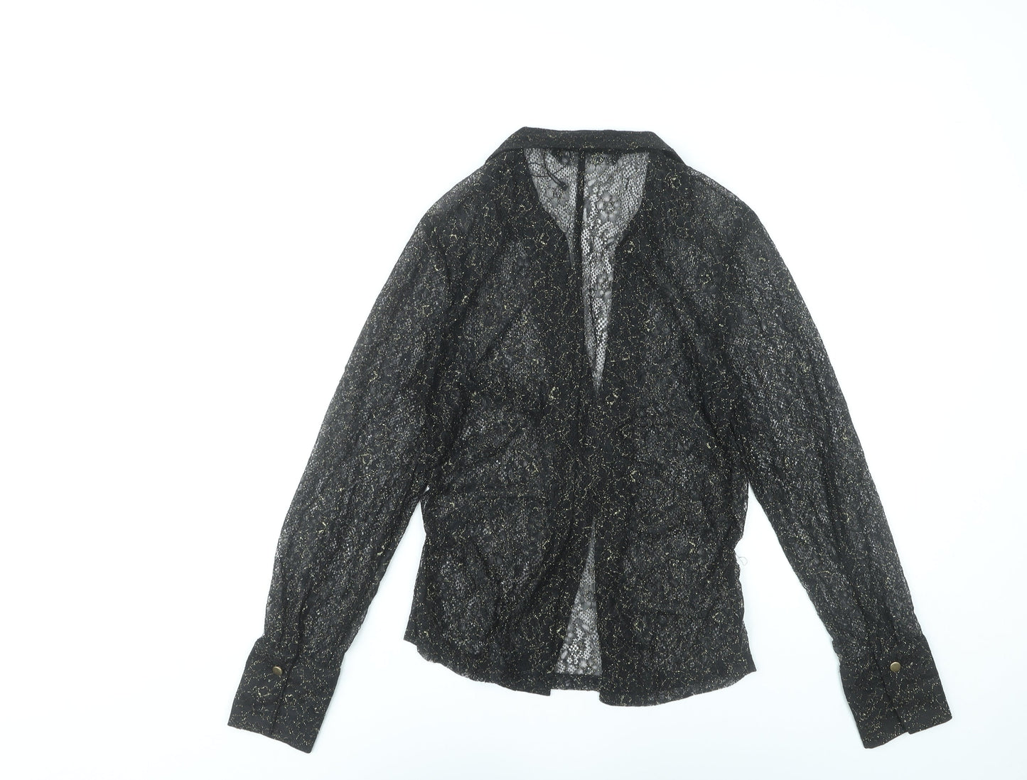 Zara Women Black Lace Glitter Long Sleeve Collared Blouse Size 12