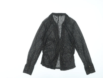 Zara Women Black Lace Glitter Long Sleeve Collared Blouse Size 12