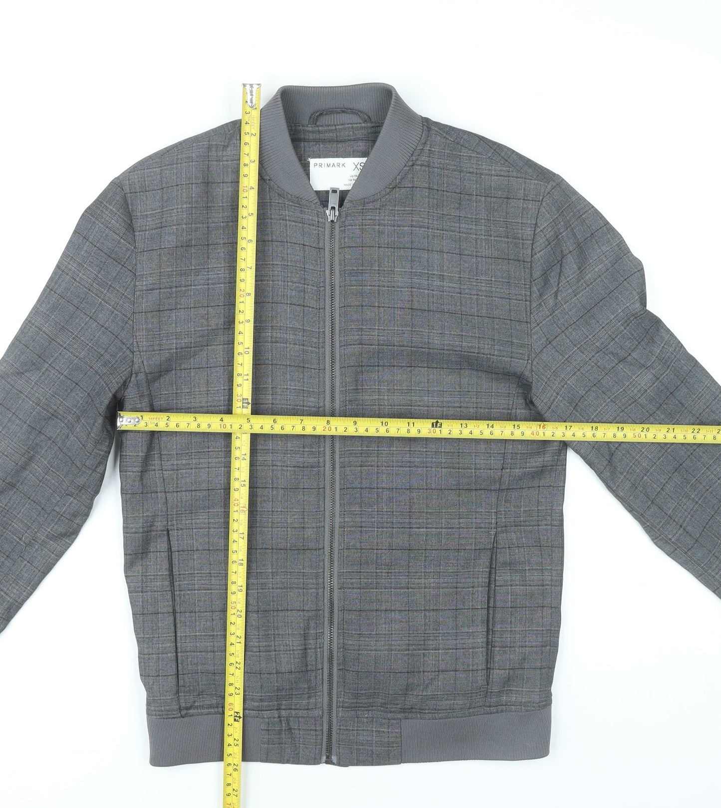 Primark Mens Grey XS Bomber Jacket Check Pattern Casual