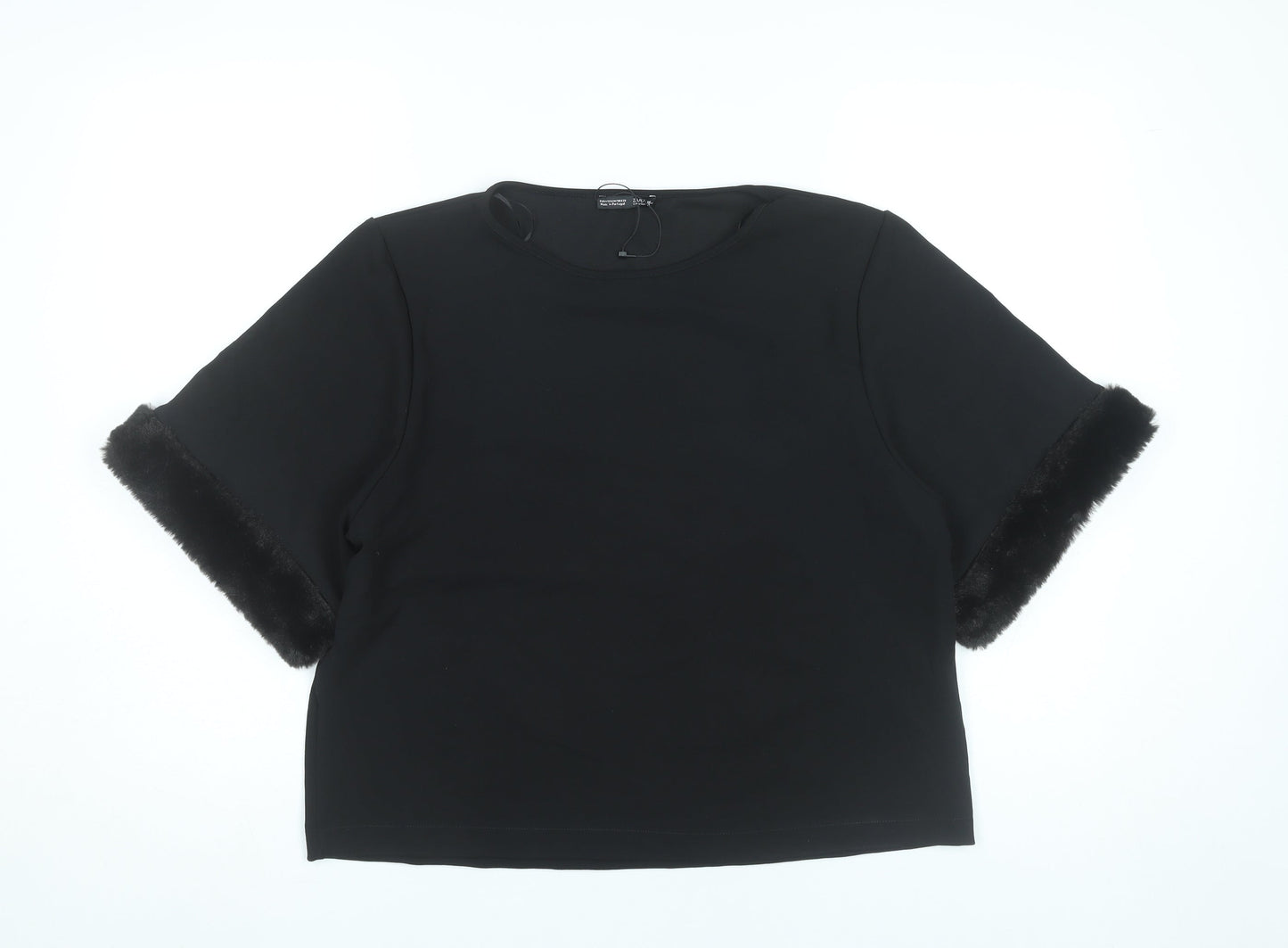 Zara Women Black Size 12 Cropped Blouse with Fur Trim Sleeves
