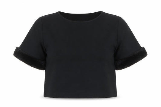 Zara Women Black Size 12 Cropped Blouse with Fur Trim Sleeves