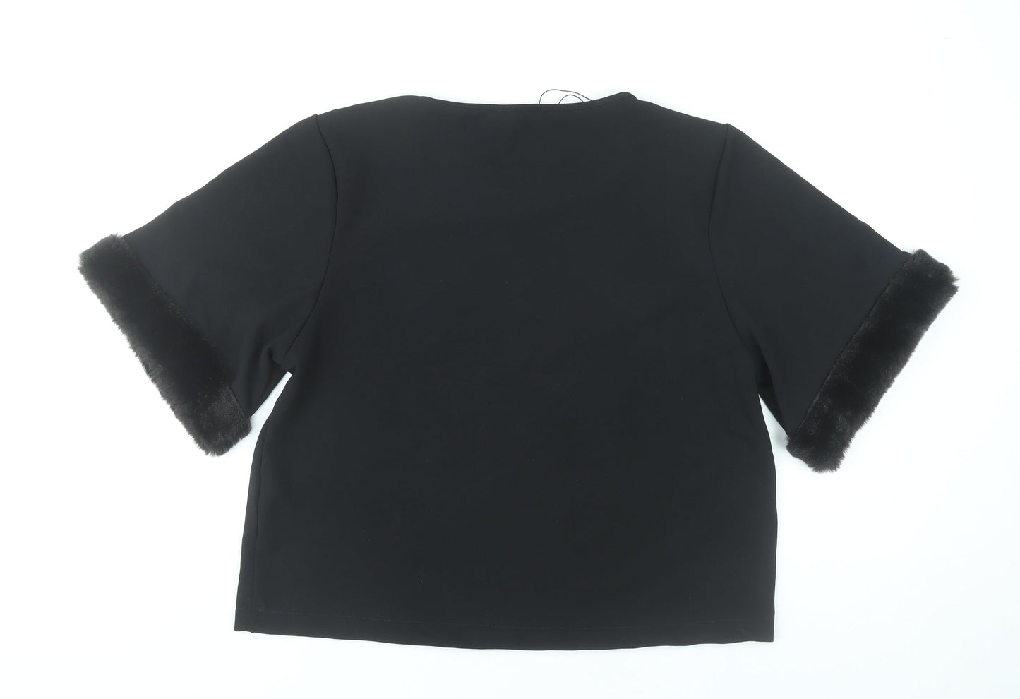 Zara Women Black Size 12 Cropped Blouse with Fur Trim Sleeves