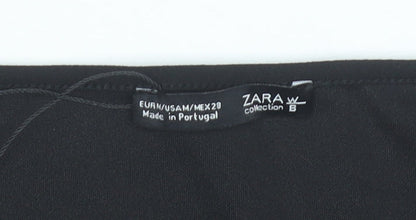 Zara Women Black Size 12 Cropped Blouse with Fur Trim Sleeves