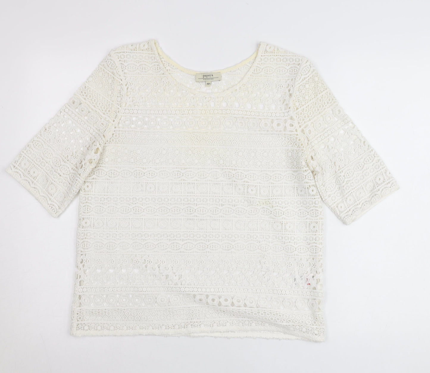 Papaya Women Ivory Lace Blouse Size 10 Cropped Short Sleeve