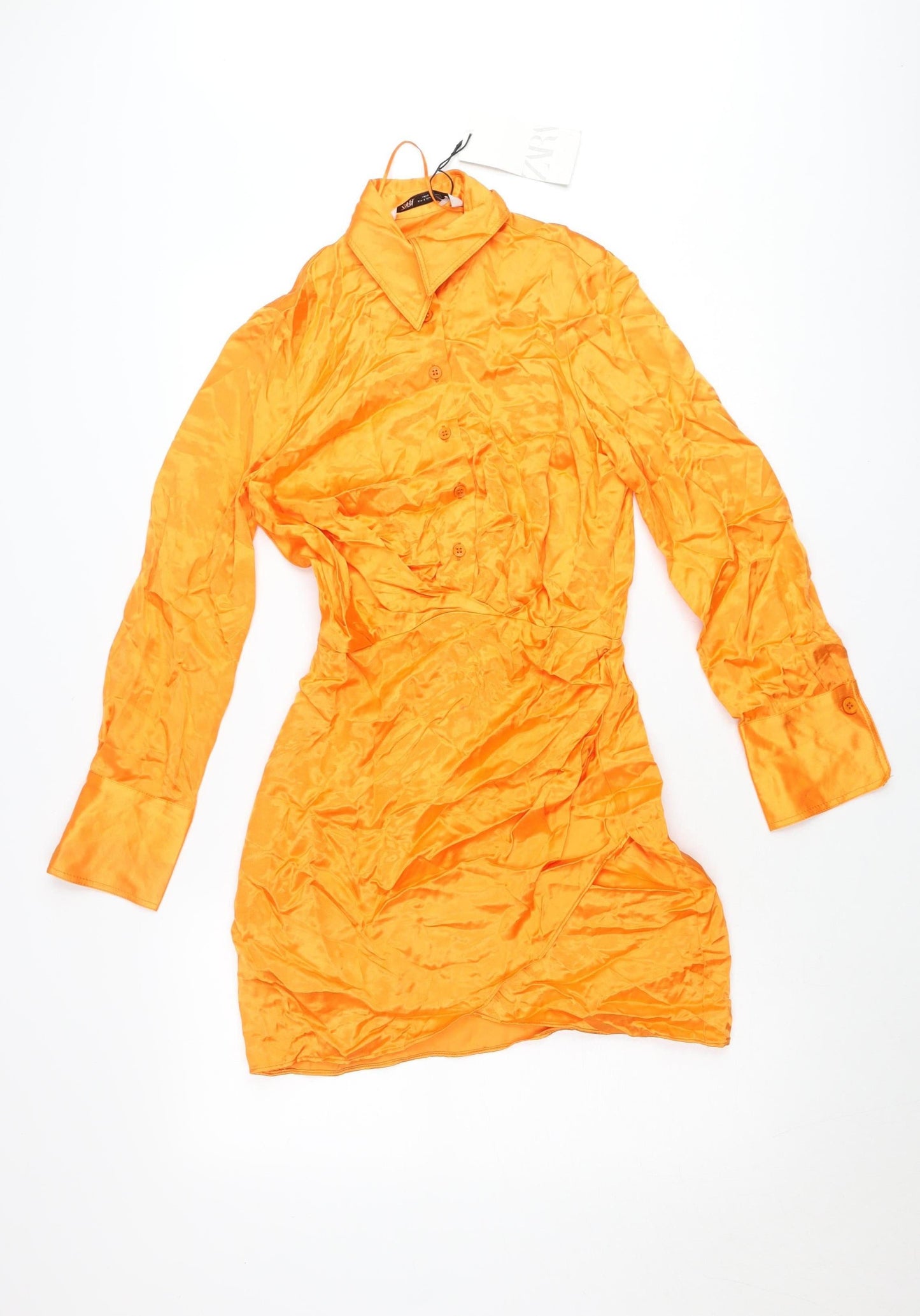 Zara Women Orange Shirt Dress Size 8 Viscose Long Sleeve