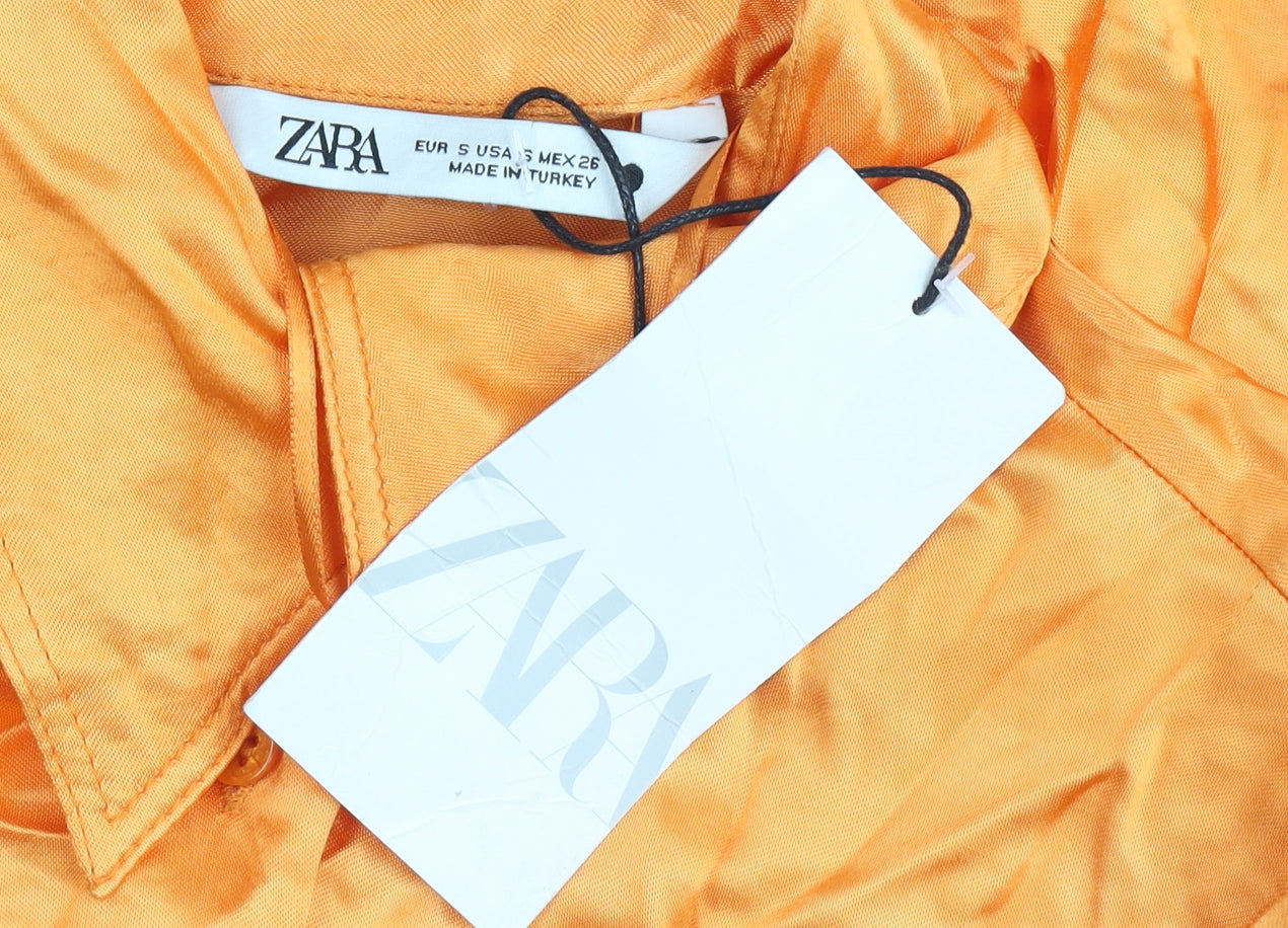 Zara Women Orange Shirt Dress Size 8 Viscose Long Sleeve