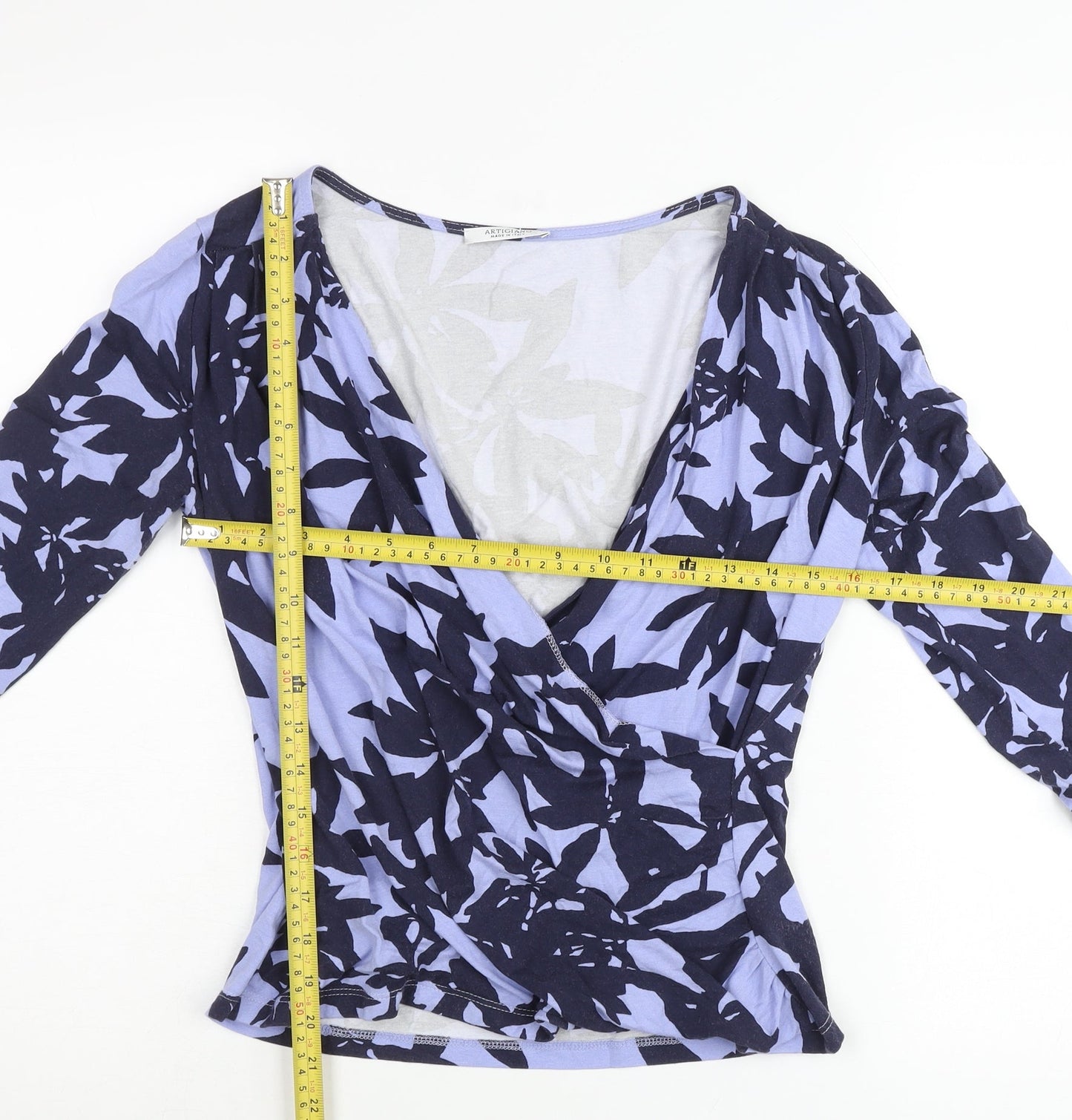 Artigiano Women’s Blue Floral Wrap Blouse Size 12 Viscose Jersey