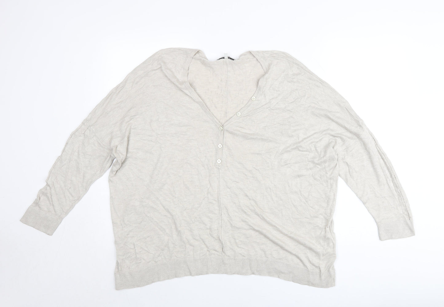 Next Womens Beige Linen Blend Henley Jumper Size L V-Neck Long Sleeve