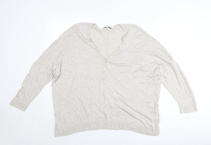 Next Womens Beige Linen Blend Henley Jumper Size L V-Neck Long Sleeve