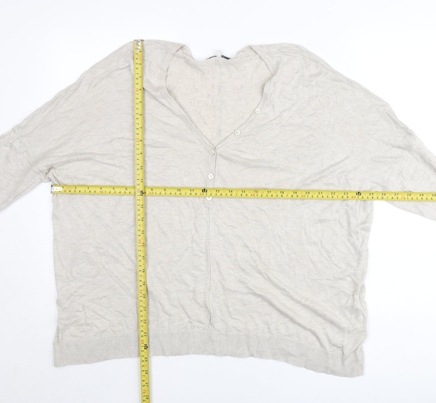 Next Womens Beige Linen Blend Henley Jumper Size L V-Neck Long Sleeve