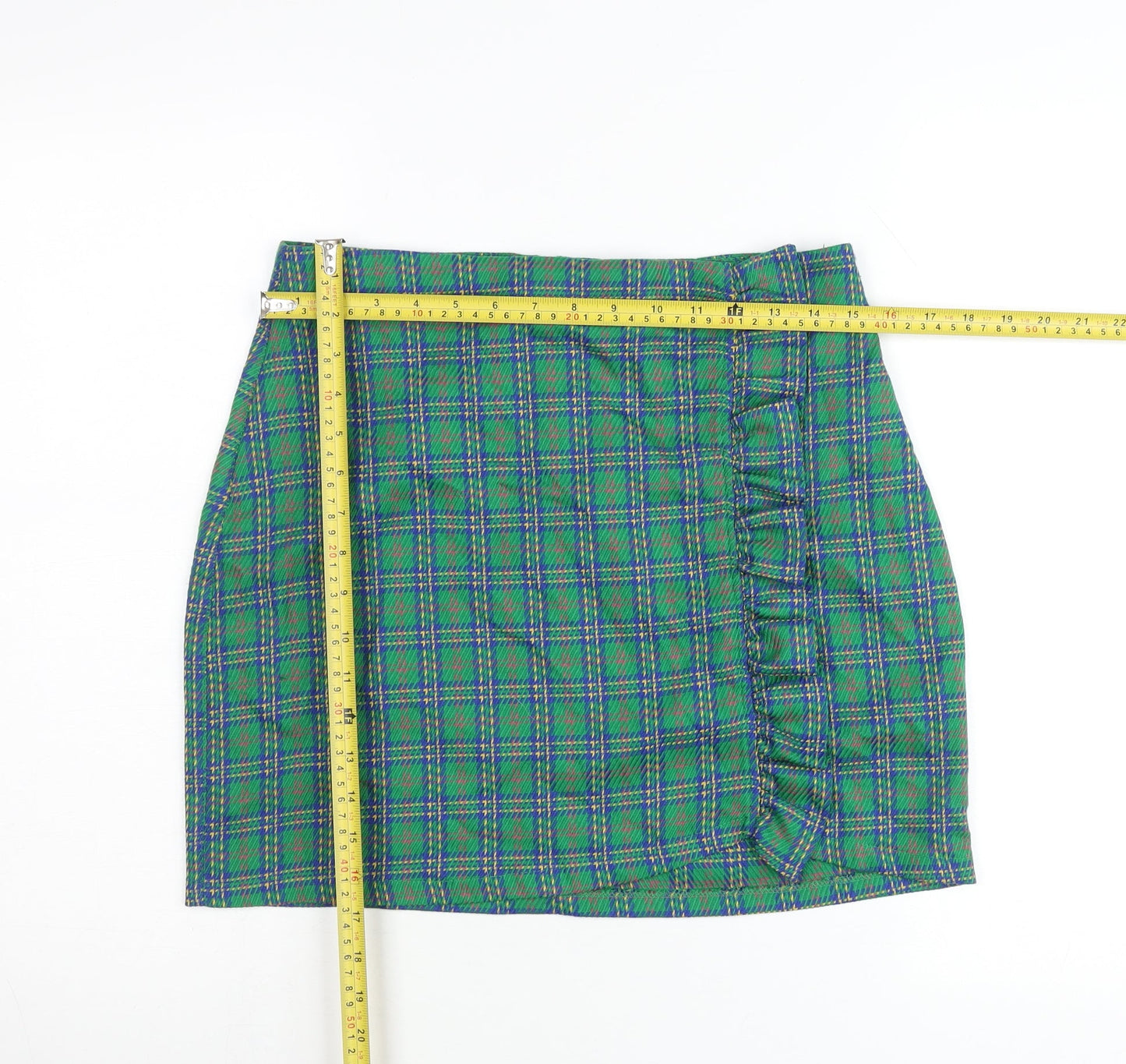 Topshop Women Green Plaid Ruffle Short Pencil Skirt UK 12