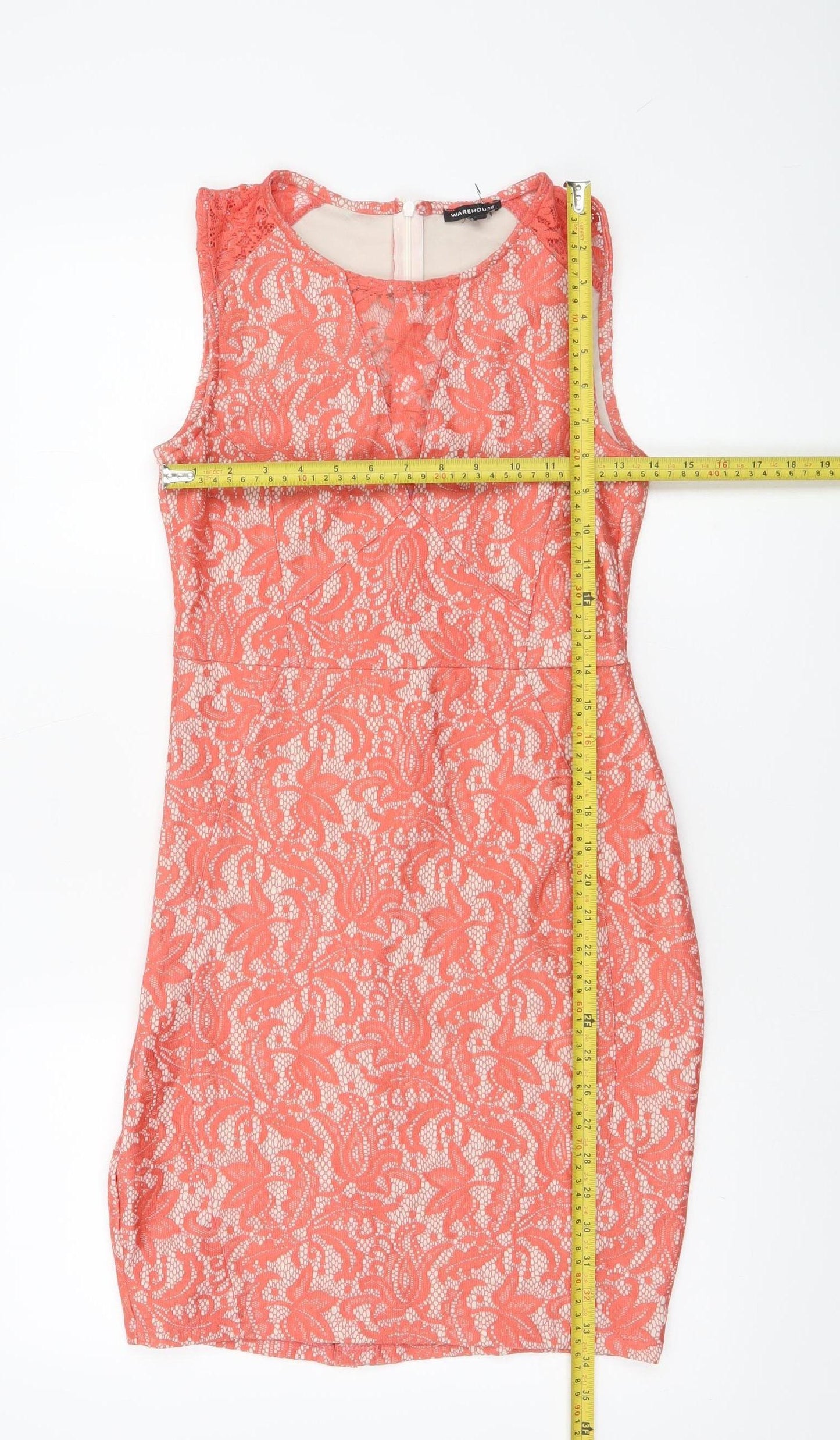 Warehouse Women’s Orange Lace Sheath Dress Size 10 Sleeveless Knee Length