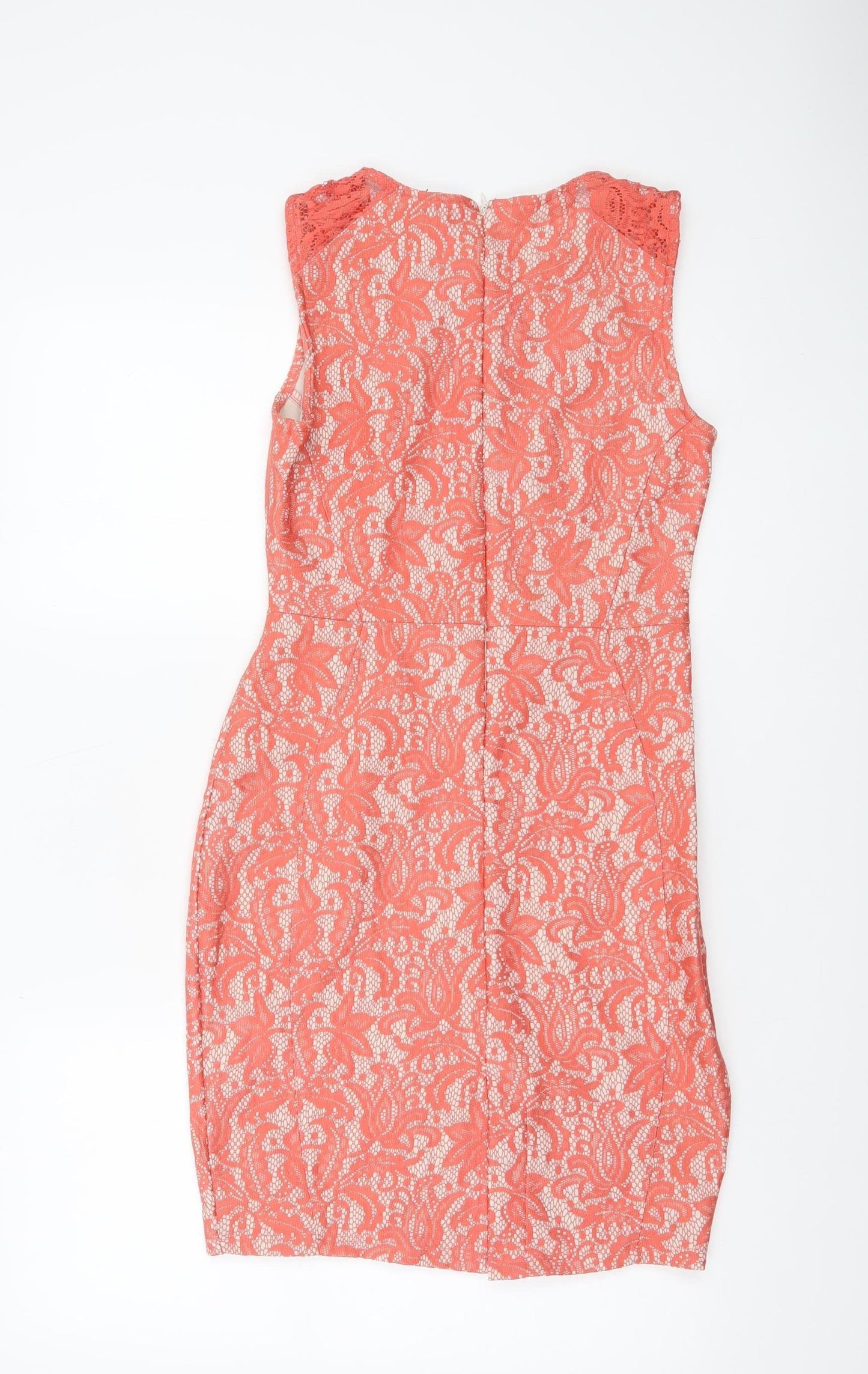Warehouse Women’s Orange Lace Sheath Dress Size 10 Sleeveless Knee Length