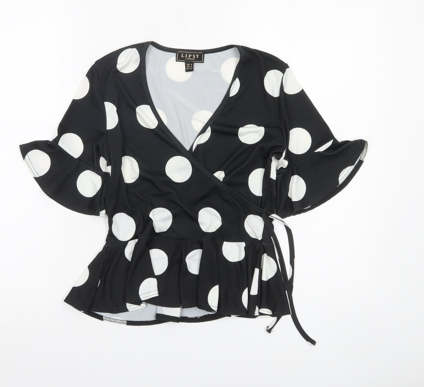 Lipsy Women Black White Polka Dot Wrap Blouse UK 8