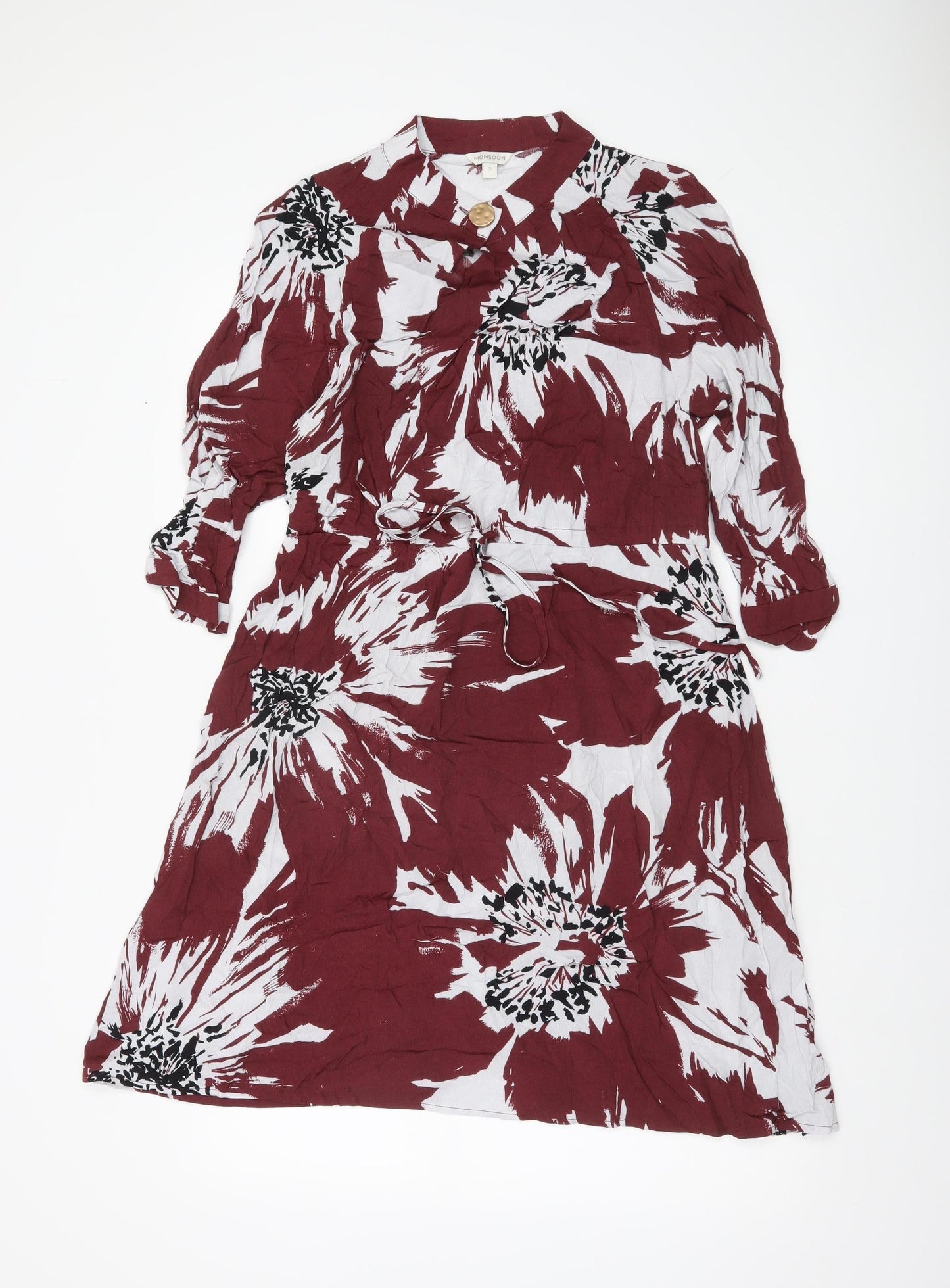 Monsoon Women Red Floral Shirt Dress Small Viscose Belted Casual
