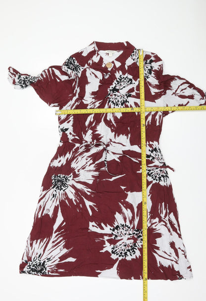 Monsoon Women Red Floral Shirt Dress Small Viscose Belted Casual