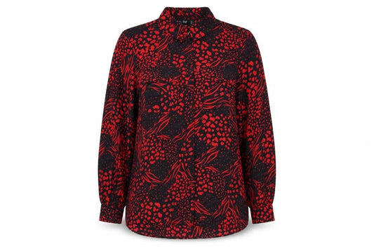 F&F Women’s Black Red Animal Print Button-Up Blouse UK 12