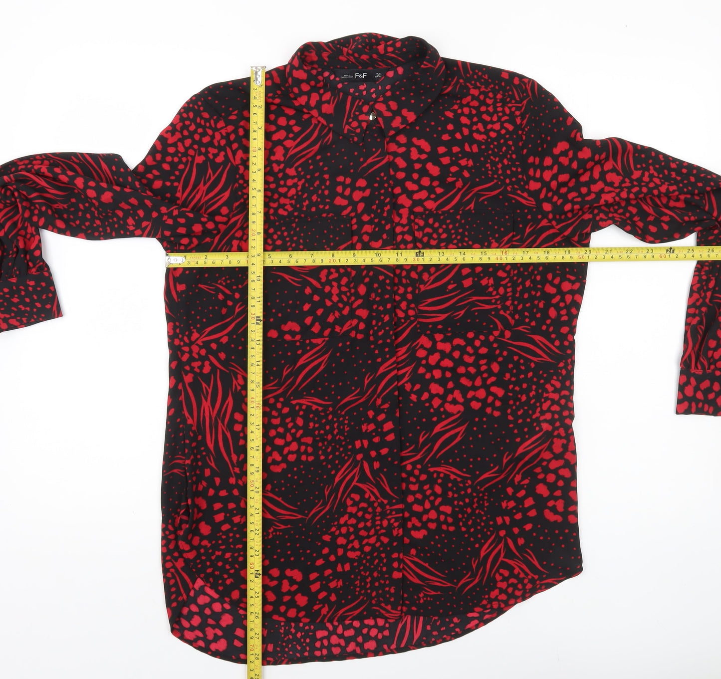 F&F Women’s Black Red Animal Print Button-Up Blouse UK 12