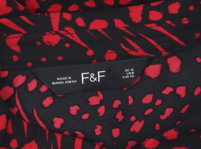 F&F Women’s Black Red Animal Print Button-Up Blouse UK 12