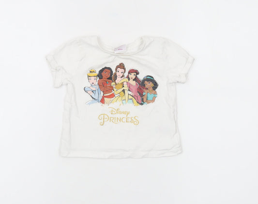 Front view of M&Co girls’ ivory disney princess t-shirt 18-24 months short sleeve