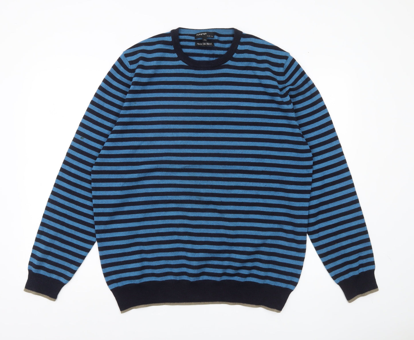 Marks and Spencer Men’s Blue Striped Slim Fit 2XL Merino Wool Silk Jumper