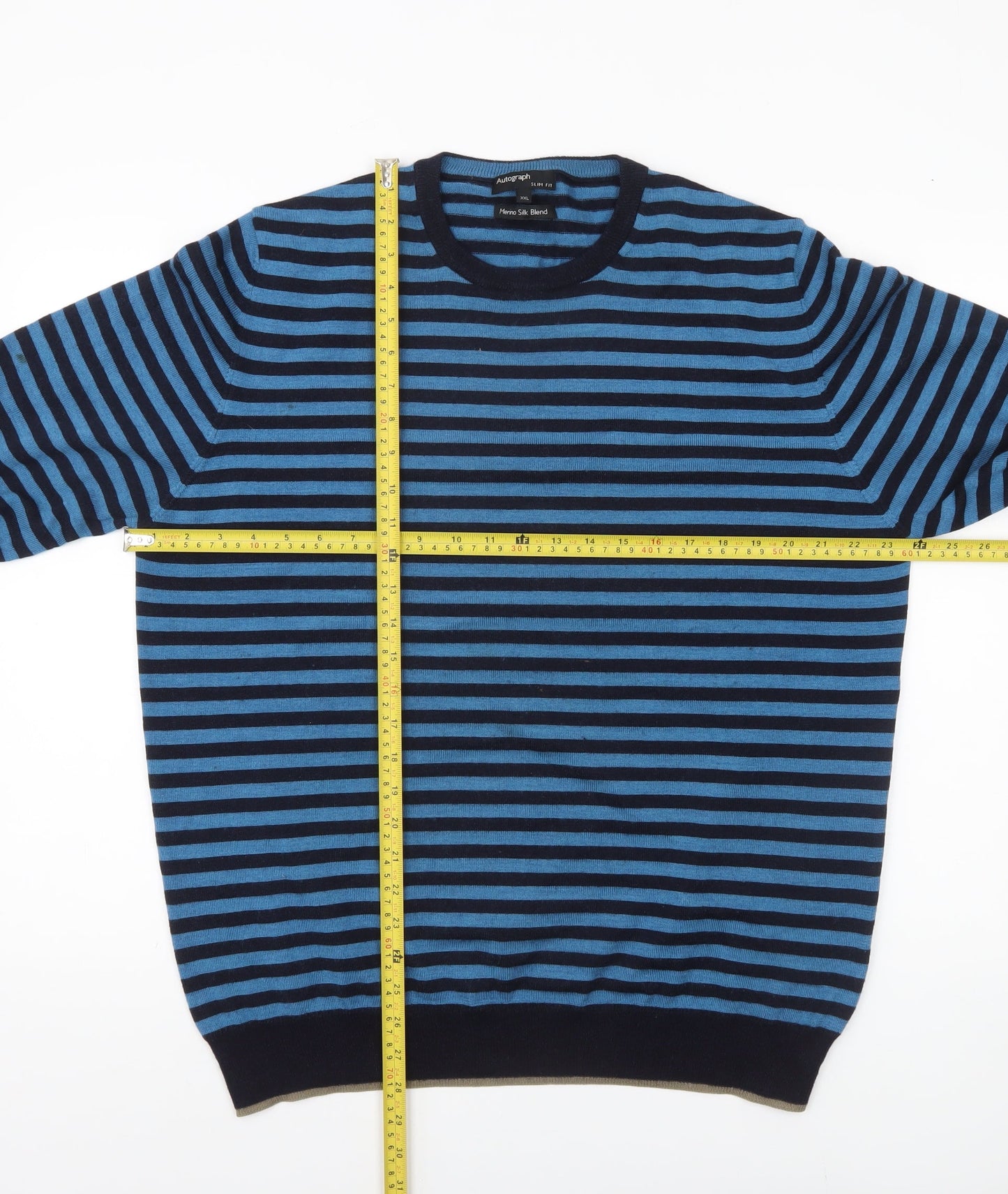 Marks and Spencer Men’s Blue Striped Slim Fit 2XL Merino Wool Silk Jumper