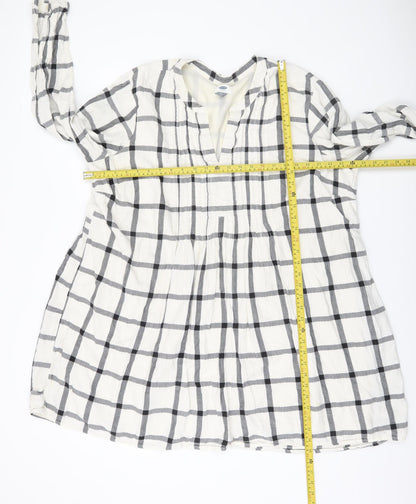 Old Navy Womens White Check 2XL Shift Dress Long Sleeve V-Neck