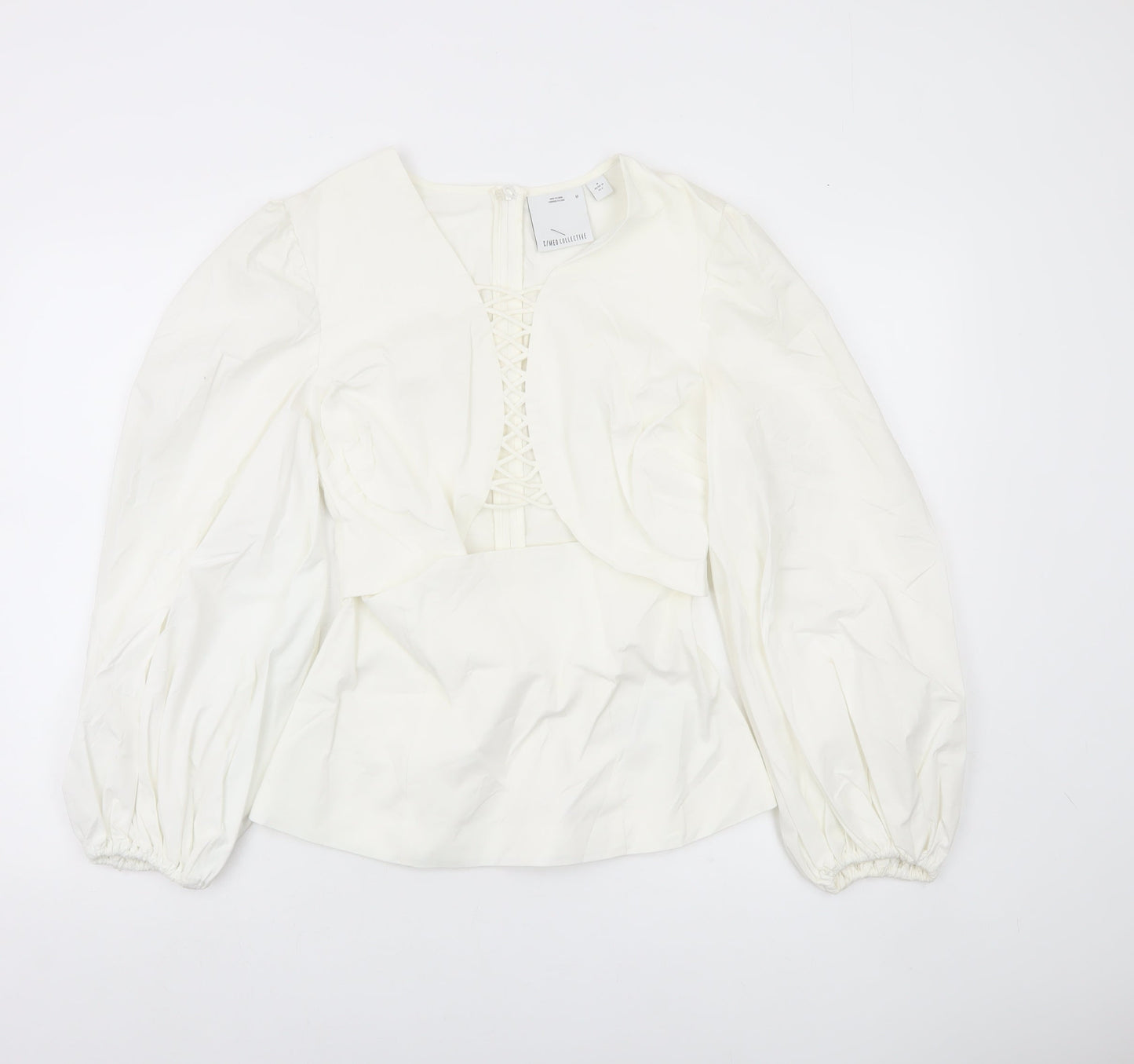 C/MEO Collective Women White Size 10 Puff Sleeve V-Neck Blouse