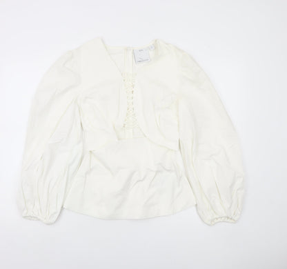 C/MEO Collective Women White Size 10 Puff Sleeve V-Neck Blouse