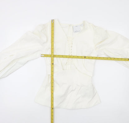 C/MEO Collective Women White Size 10 Puff Sleeve V-Neck Blouse