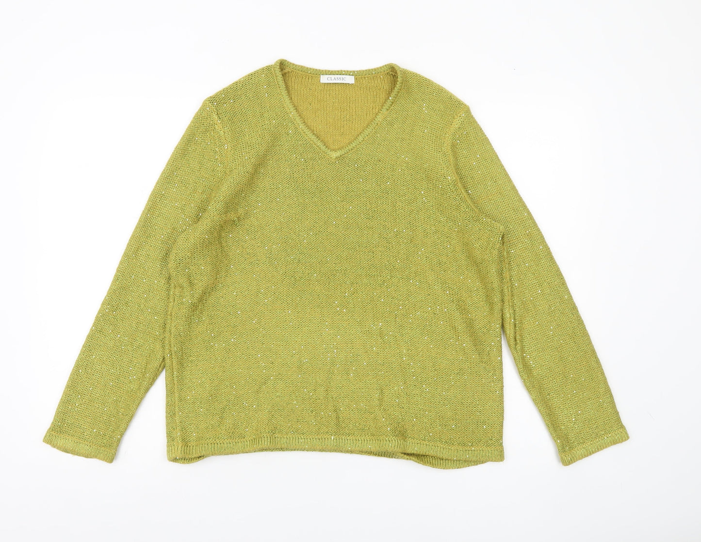 Marks and Spencer Womens Green Sequin V-Neck Jumper Size 14