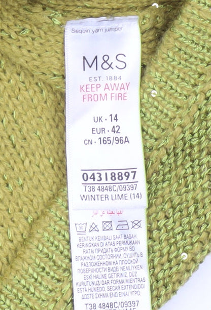 Marks and Spencer Womens Green Sequin V-Neck Jumper Size 14