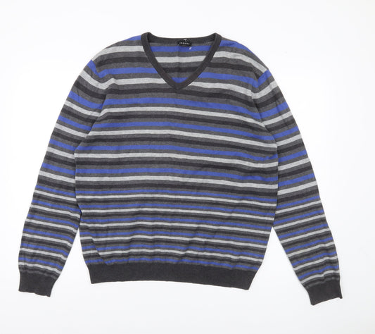 Jaeger Mens Multicoloured Striped Cotton V-Neck Jumper L
