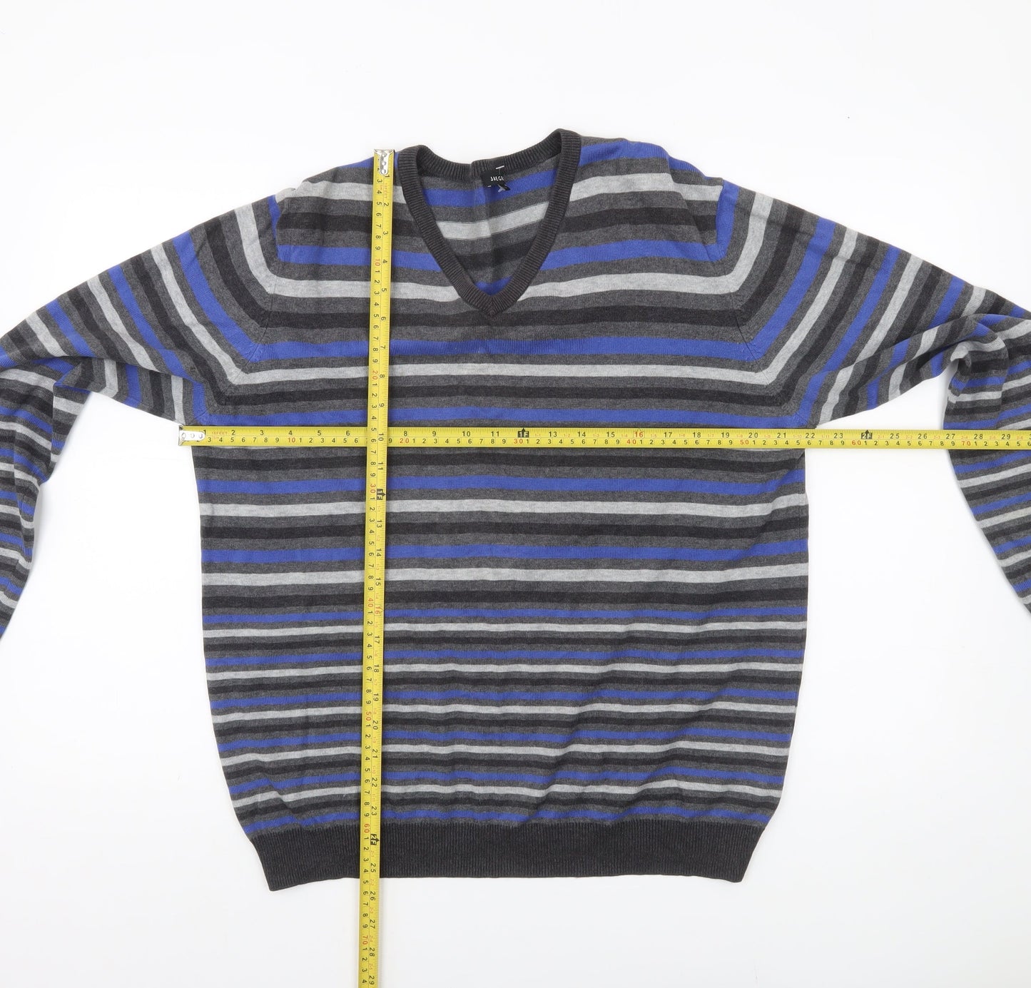 Jaeger Mens Multicoloured Striped Cotton V-Neck Jumper L