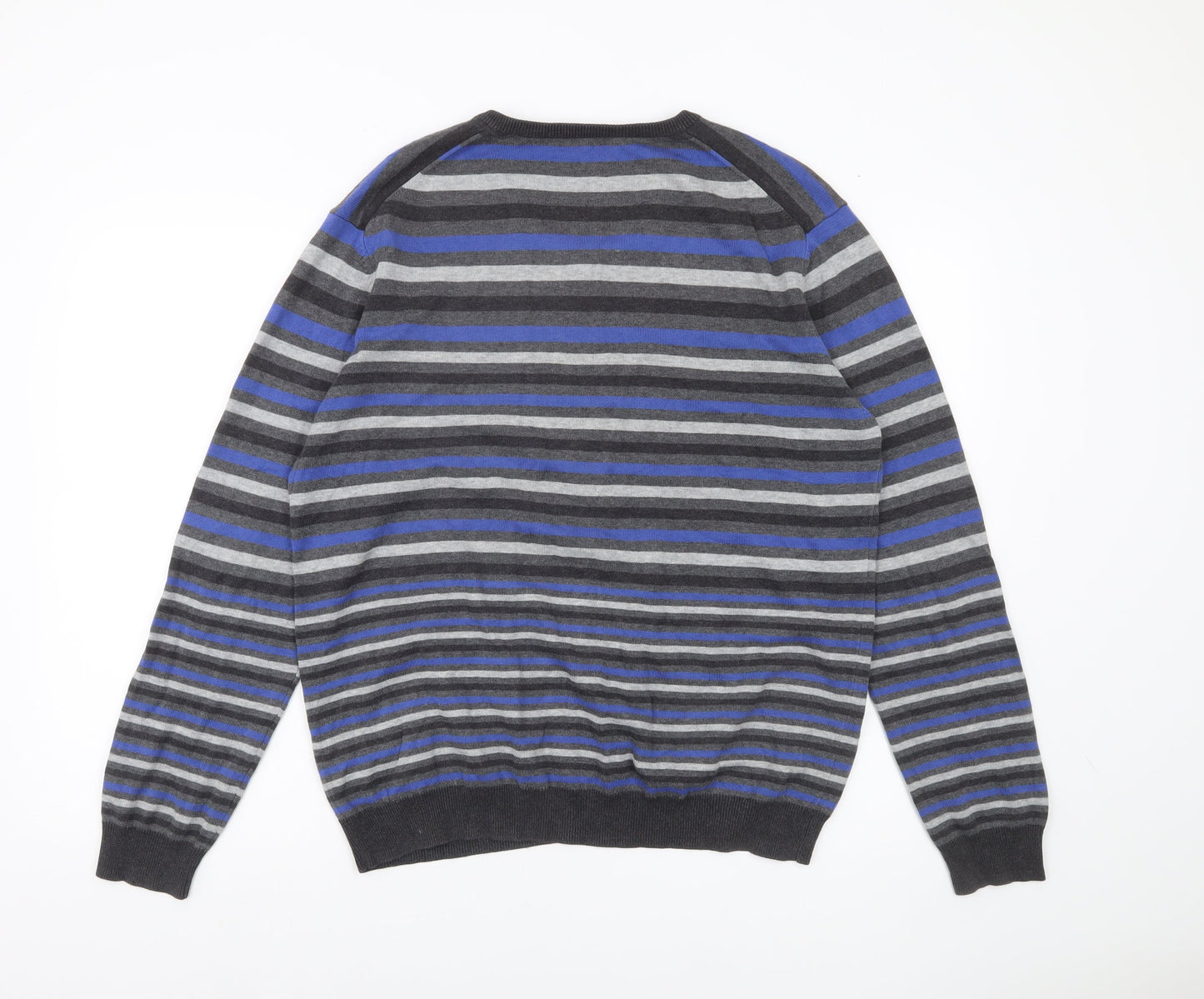 Jaeger Mens Multicoloured Striped Cotton V-Neck Jumper L