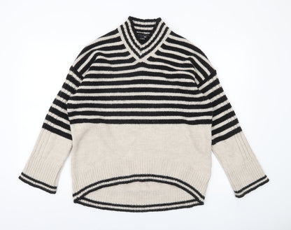 Next Womens Black Beige Striped V-Neck Pullover Jumper Size M
